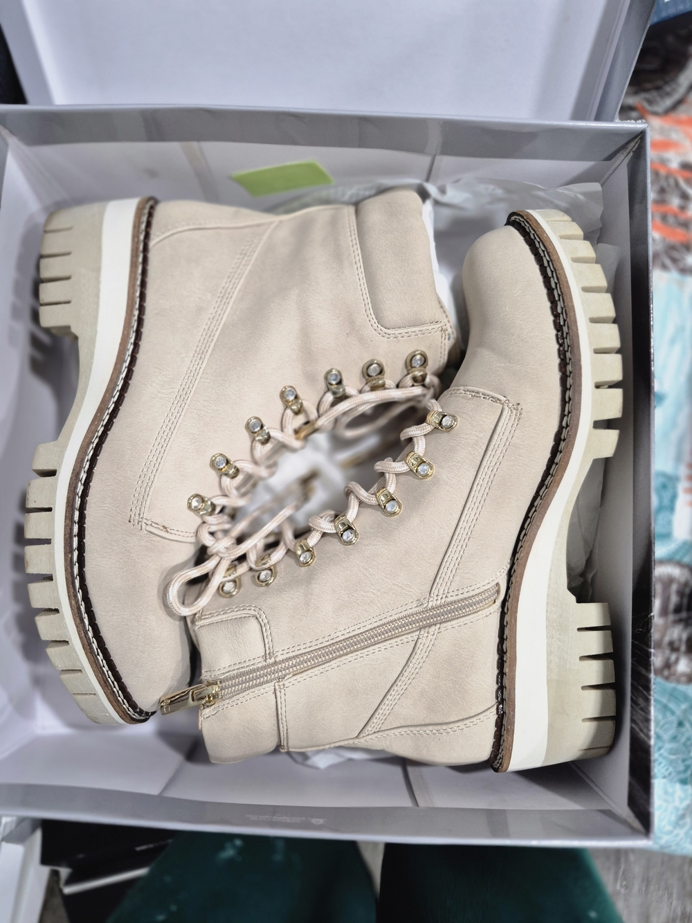 Jennifer Lopez Cream Lace-Up Lug Sole Ankle Boots